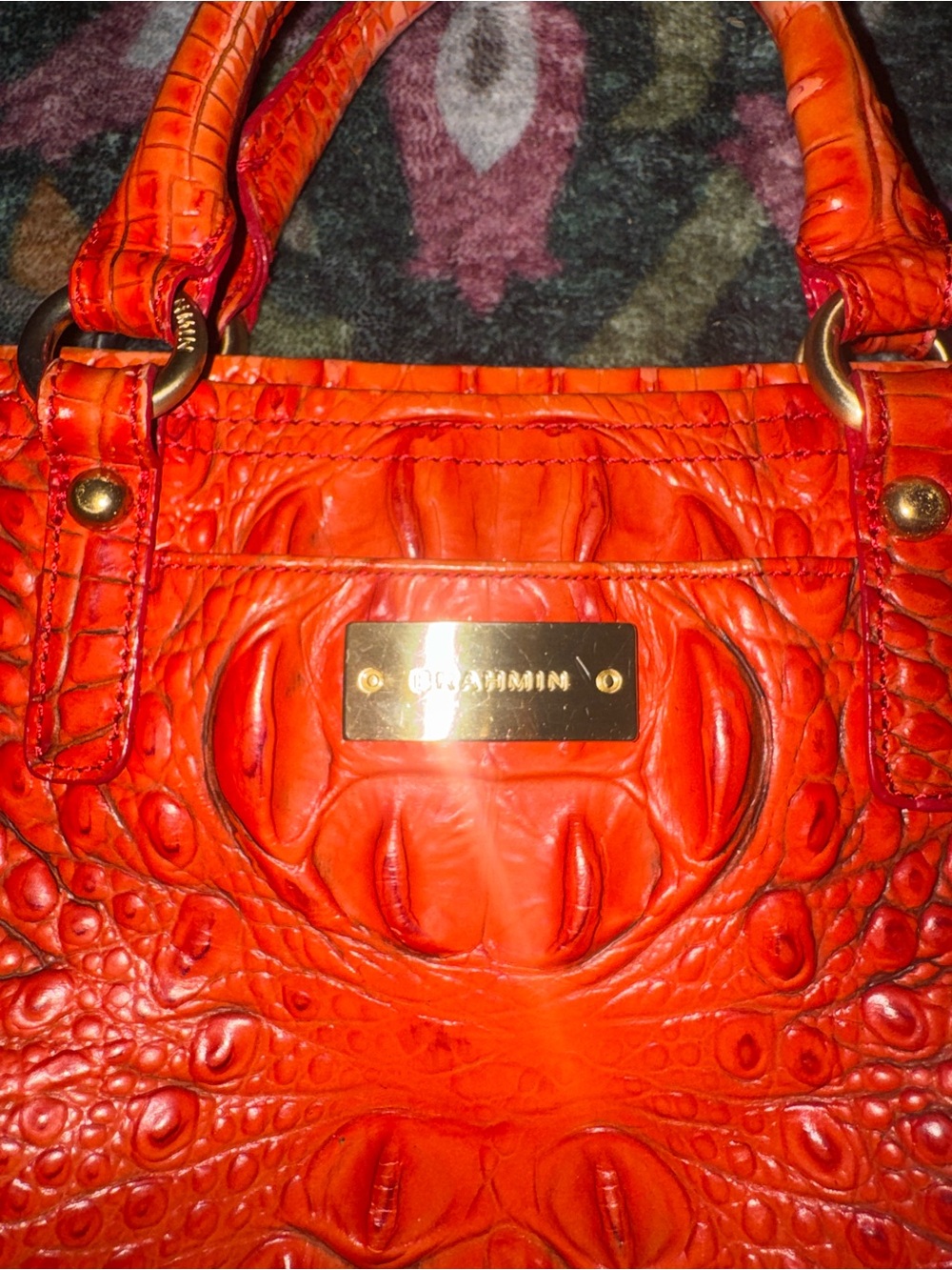Brahmin Bright Orange Croc-Embossed Leather Satchel - Picture 11 of 15